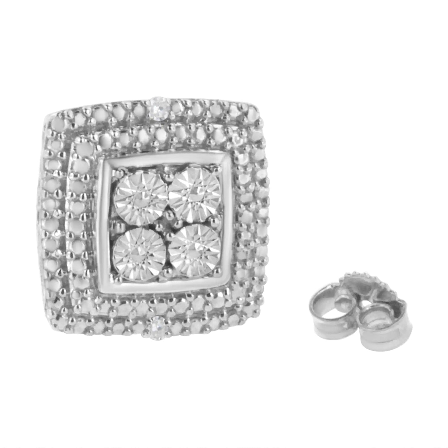 .925 Sterling Silver Diamond Accented Square Shaped Milgrain Stud Earrings (I-J Clarity, I3 Color)