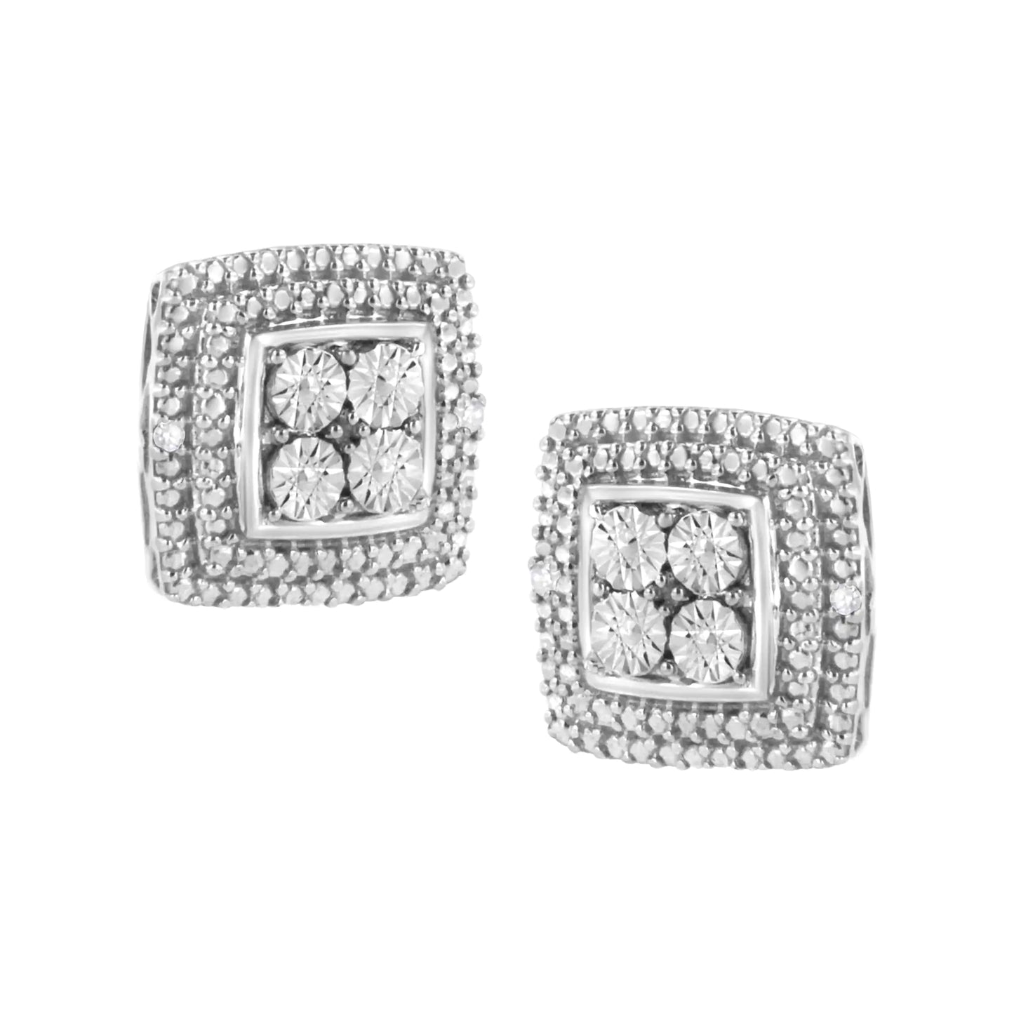 .925 Sterling Silver Diamond Accented Square Shaped Milgrain Stud Earrings (I-J Clarity, I3 Color)