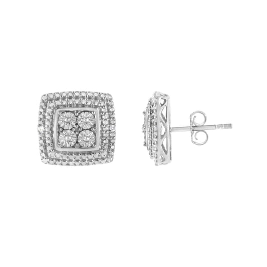 .925 Sterling Silver Diamond Accented Square Shaped Milgrain Stud Earrings (I-J Clarity, I3 Color)