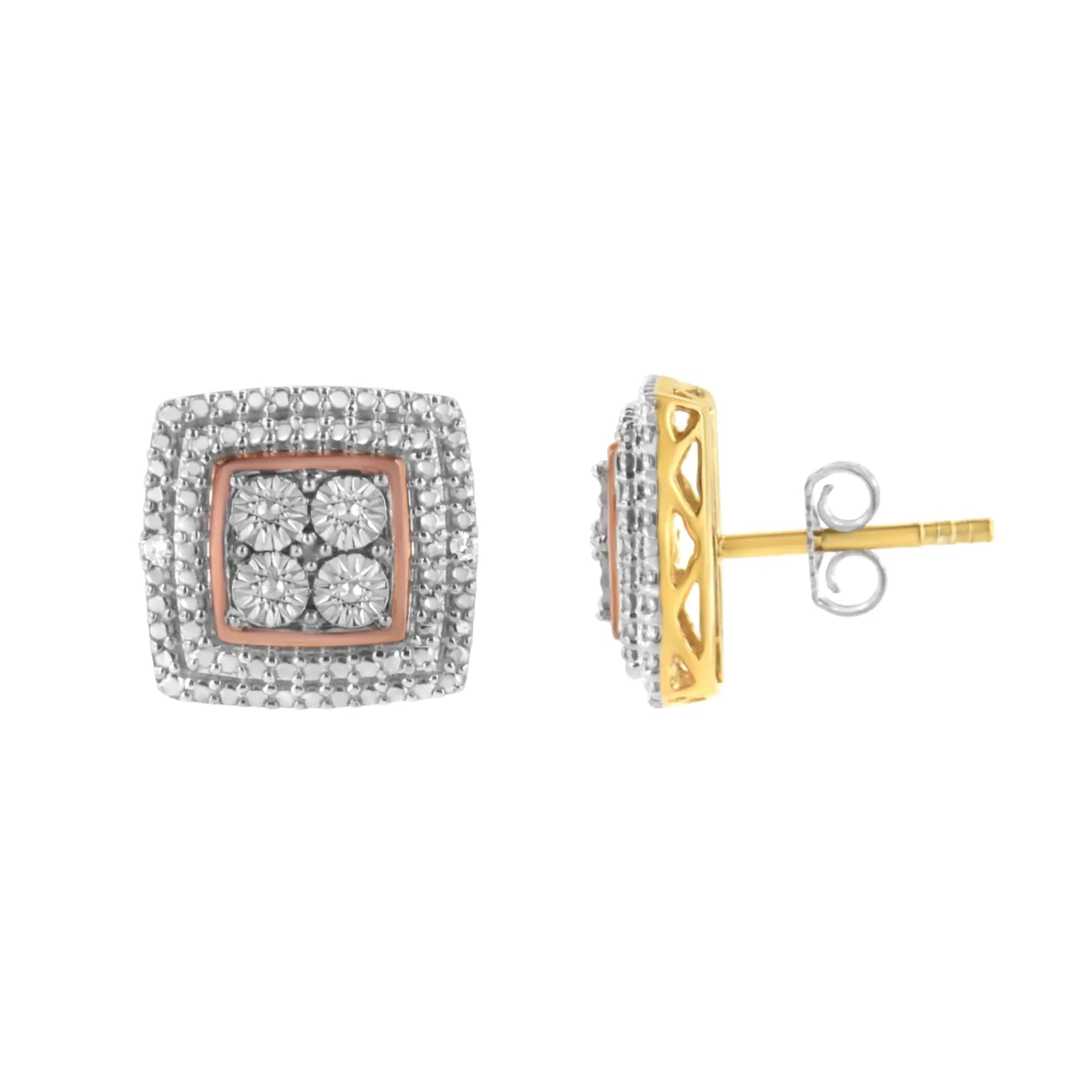 .925 Sterling Silver Diamond Accented Square Shaped Milgrain Stud Earrings (I-J Clarity, I3 Color)