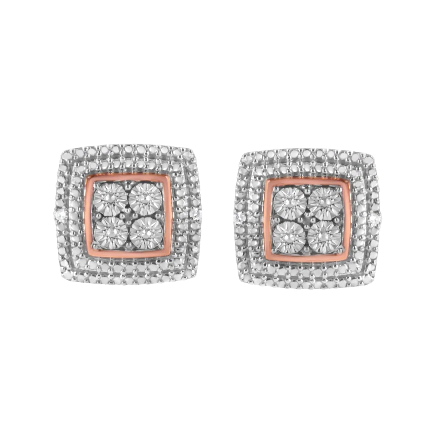 .925 Sterling Silver Diamond Accented Square Shaped Milgrain Stud Earrings (I-J Clarity, I3 Color)