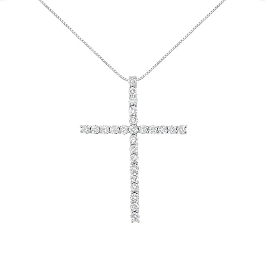 .925 Sterling Silver 2.0 Cttw Round Shape Diamond 1-1/4" Cross Pendant with Box Chain Necklace (I-J Color, I1-I2 Clarity) - 18"