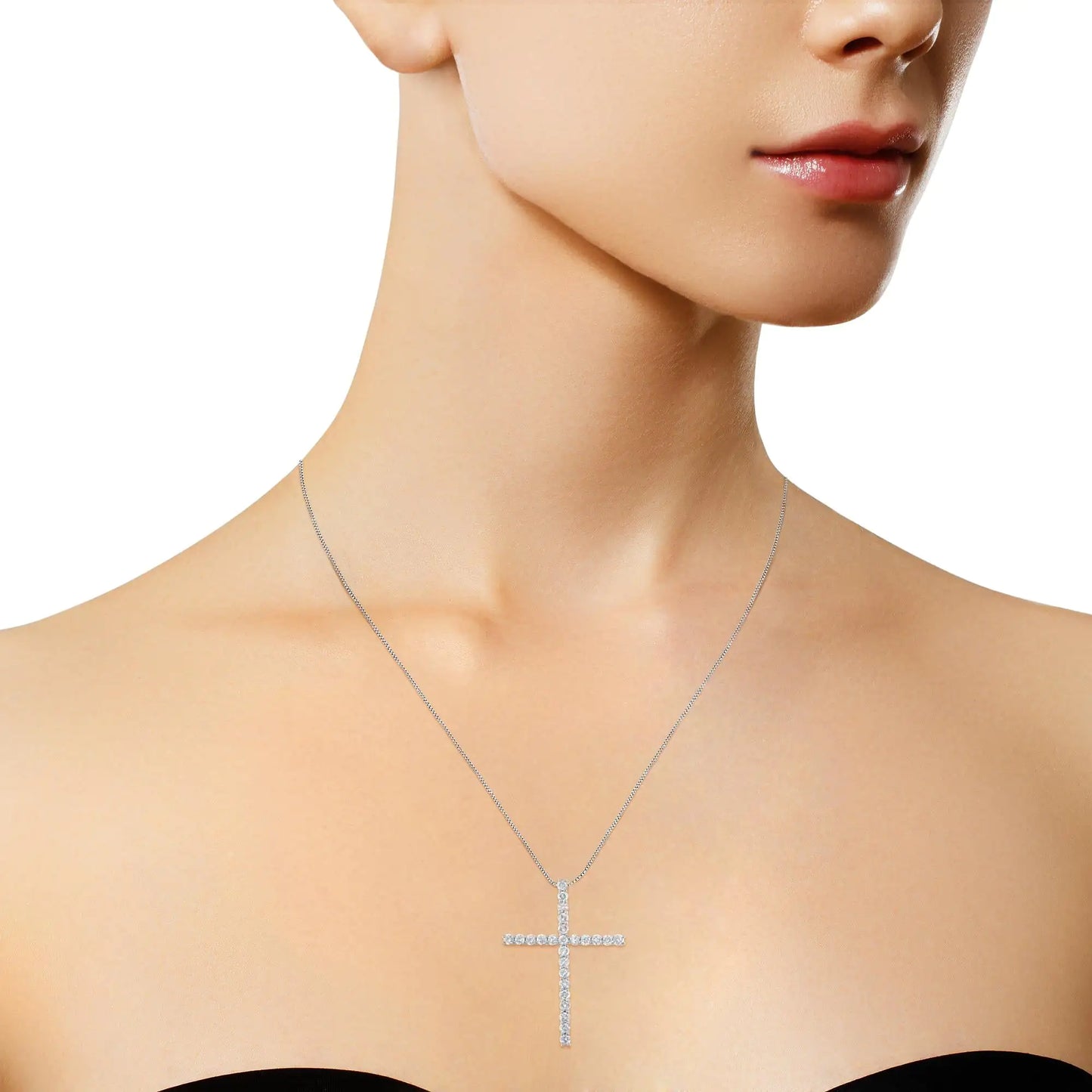 .925 Sterling Silver 2.0 Cttw Round Shape Diamond 1-1/4" Cross Pendant with Box Chain Necklace (I-J Color, I1-I2 Clarity) - 18"