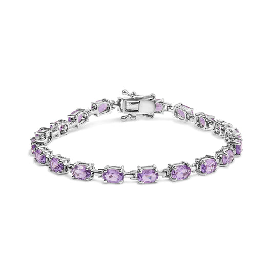 .925 Sterling Silver 8 1/2 Cttw Oval Shaped Purple Amethyst Link Bracelet - 7" Inches